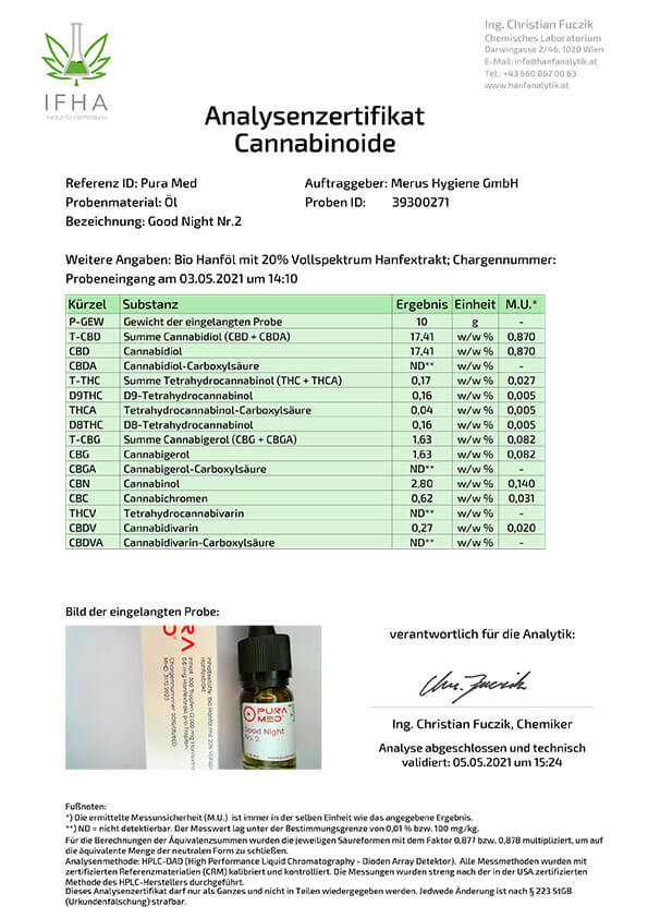 Pura Med Hanfextrakt Öl Good Night Nr.2 (20%) - PuraMed