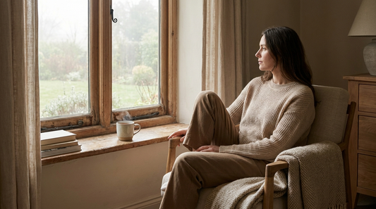 Person sitzt am Fenster im warmen Morgenlicht mit einer Tasse Tee, ruhige Stimmung