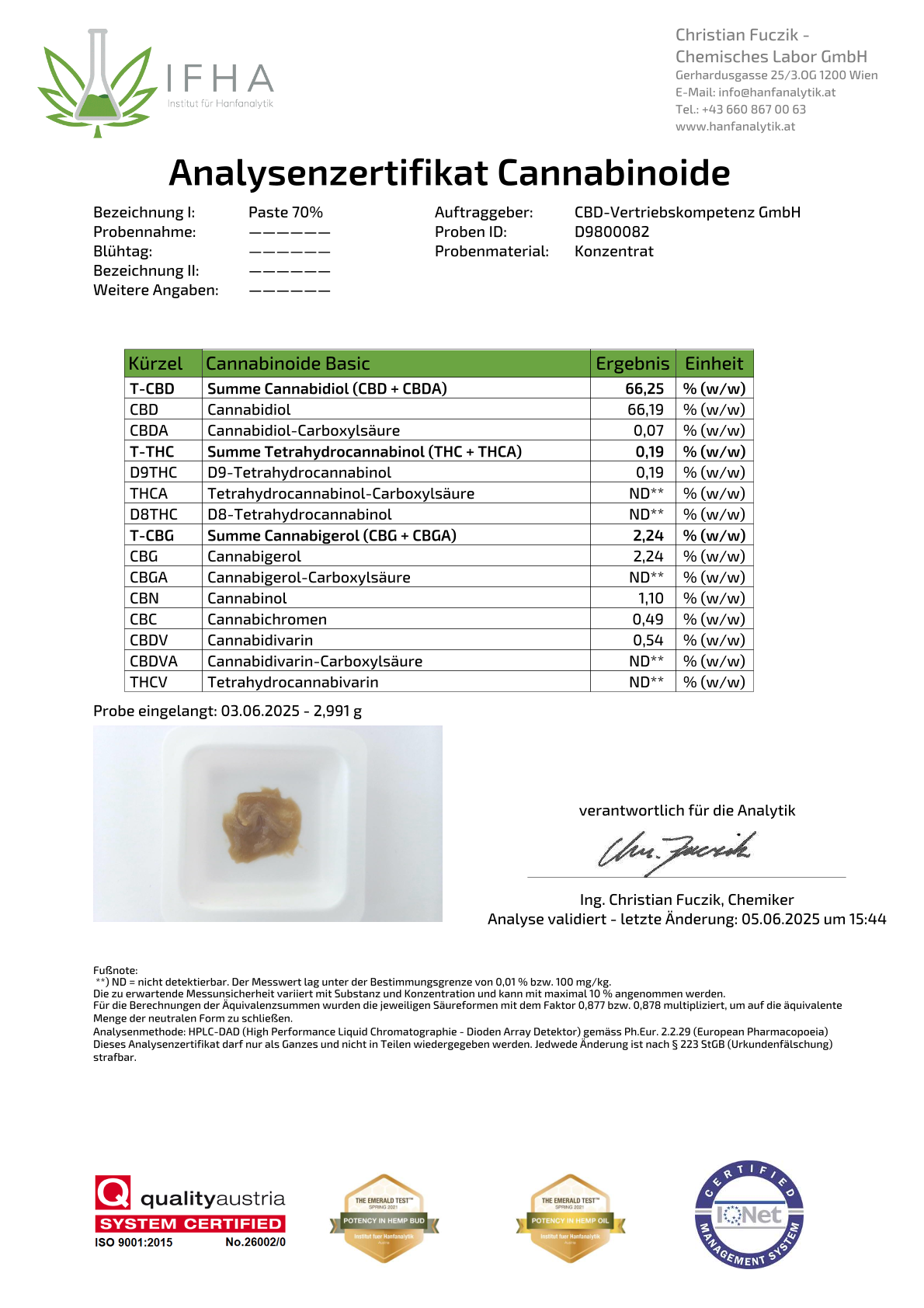 70% CBD Vollspektrum Premium Paste in Bio-Kokosöl 3g