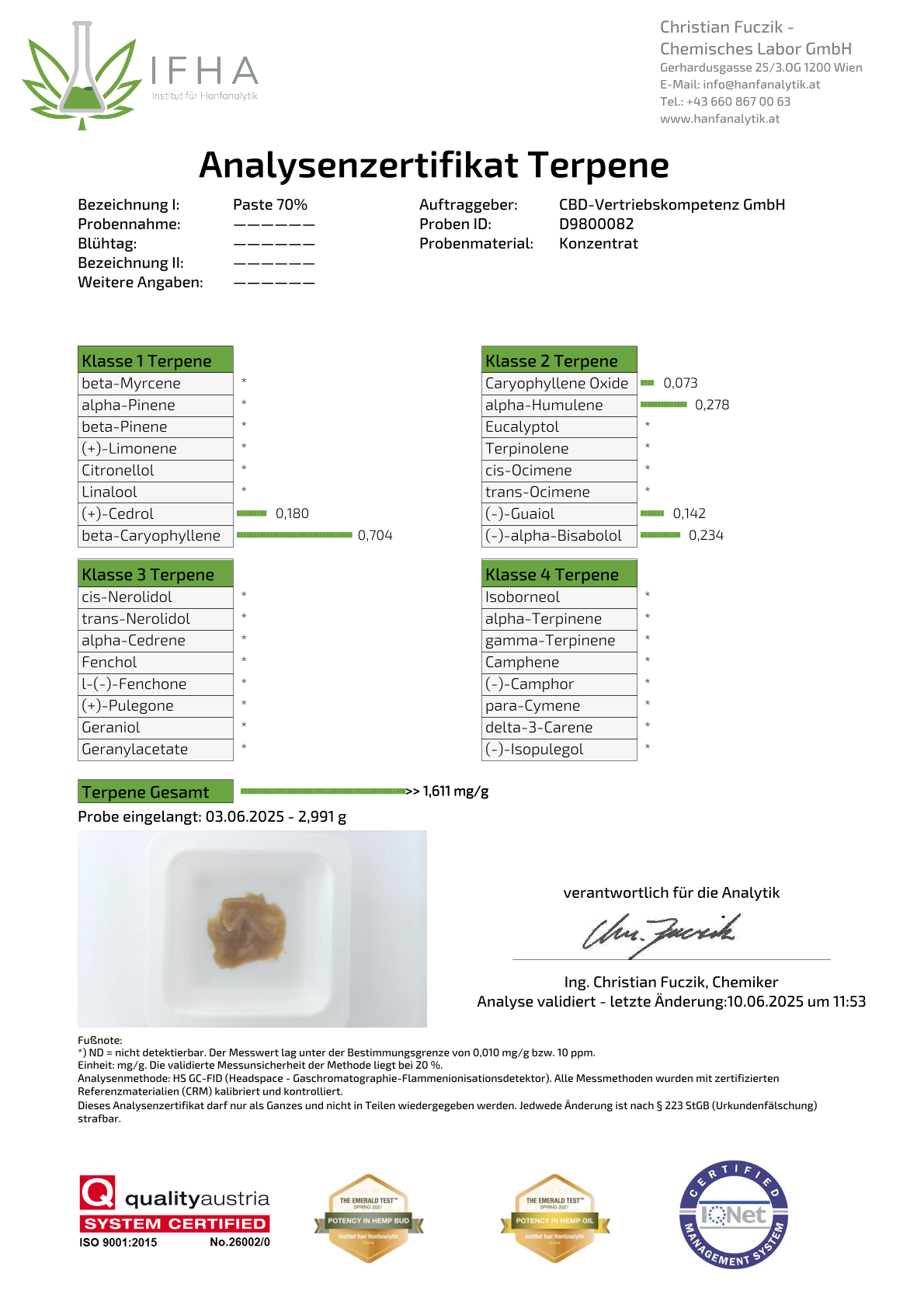 70% CBD Vollspektrum Premium Paste in Bio-Kokosöl 3g