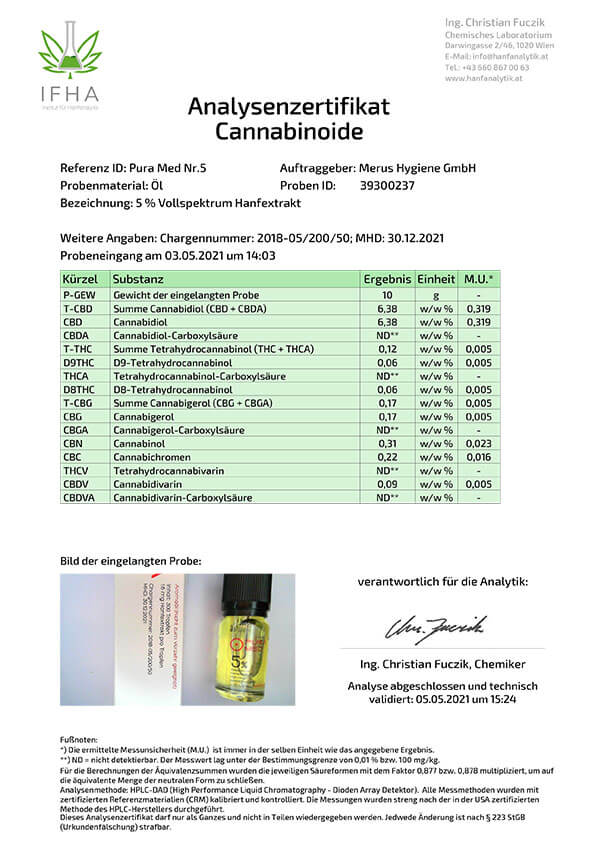 Pura Med Hanfextrakt Öl Nr.5 (5%) Vollspektrum mit High Oleic Sonnenblumenöl - PuraMed