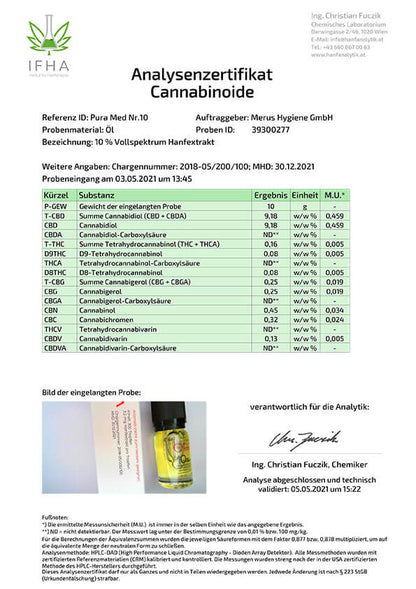 Pura Med Hanfextrakt Öl Nr.10 (10%) Vollspektrum mit High Oleic Sonnenblumenöl - PuraMed