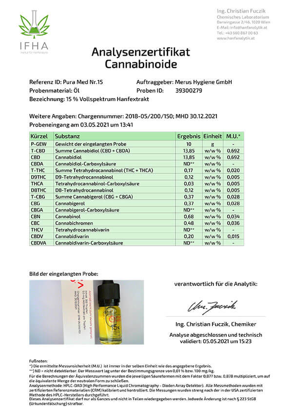 Pura Med Vollspektrum Hanftropfen 15% Hanfextrakt in Bio-Kokosnuss-MCT Öl - PuraMed
