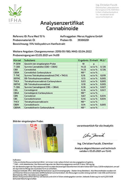 Pura Med Hanfextrakt Öl Nr.15 (15%) Vollspektrum mit High Oleic Sonnenblumenöl - PuraMed