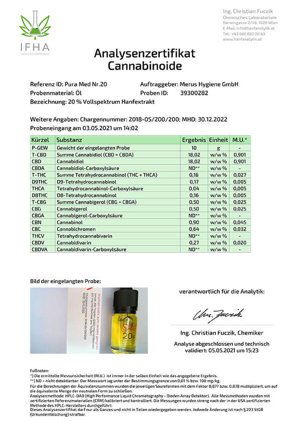 Pura Med Hanfextrakt Öl Nr.20 (20%) Vollspektrum mit High Oleic Sonnenblumenöl - PuraMed