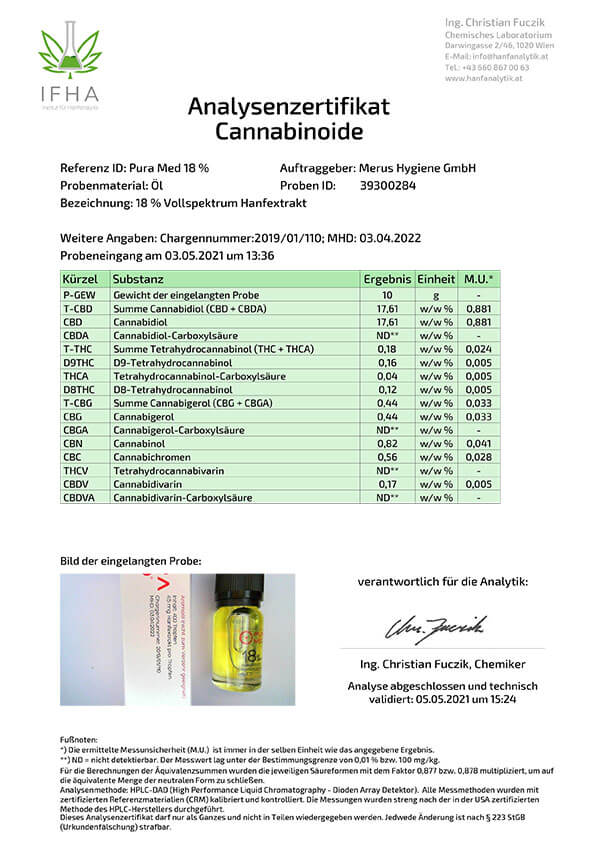 Pura Med Vollspektrum Hanftropfen 18% Hanfextrakt in Bio-Kokosnuss-MCT Öl - PuraMed